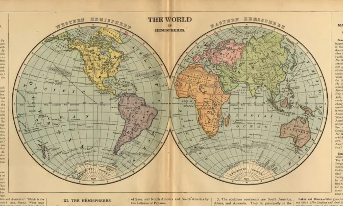 Framed Print : World in Hemispheres Antique Victorian Engraved Colored Map, 1899 Framed Print : World in Hemispheres Antique Victorian Engraved Colored Map, 1899