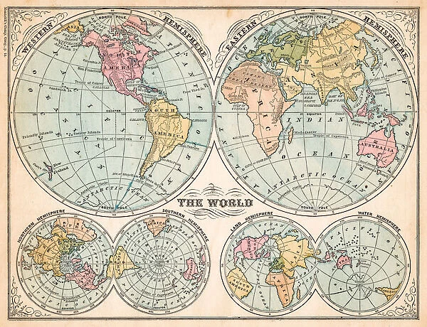 The world in hemispheres map 1875