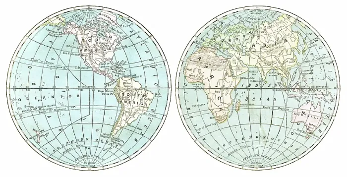 Framed Print : The world in hemispheres map 1876 Framed Print : The world in hemispheres map 1876