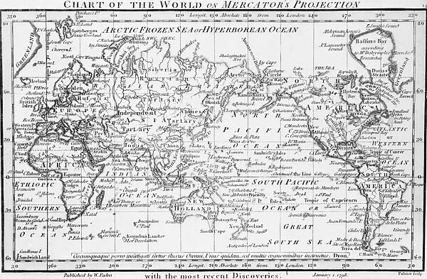 World Map. circa 1798: Chart of the world on Mercators Projection