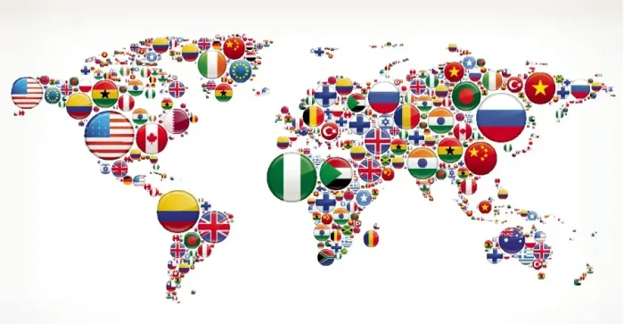 Framed Print : World map with Flag Buttons Framed Print : World map with Flag Buttons