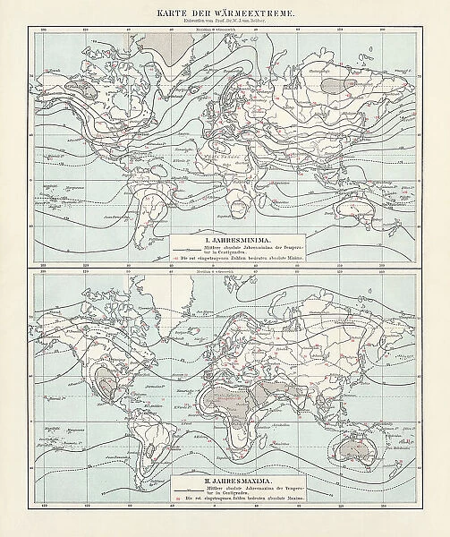 World map of the thermal extremes from 1892, lithograph, 1898