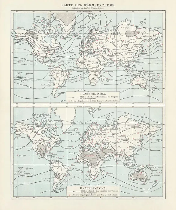Framed Print : World map of the thermal extremes from 1892, lithograph, 1898 Framed Print : World map of the thermal extremes from 1892, lithograph, 1898