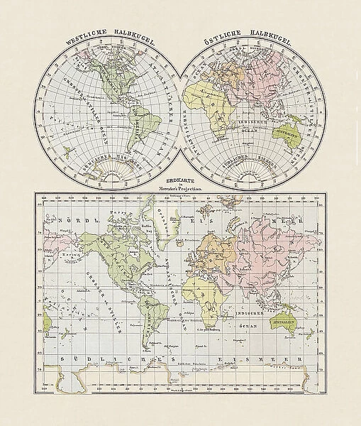 World map. Western and Eastern hemispheres, lithograph, published in 1893