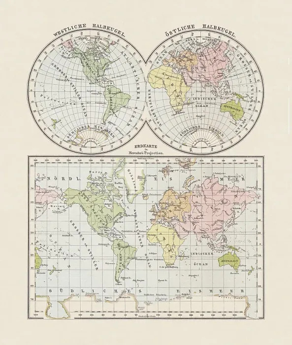 Framed Print : World map. Western and Eastern hemispheres, lithograph, published in 1893