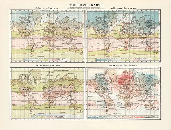 World maps with isothermal lines, last quarter of the 19th century