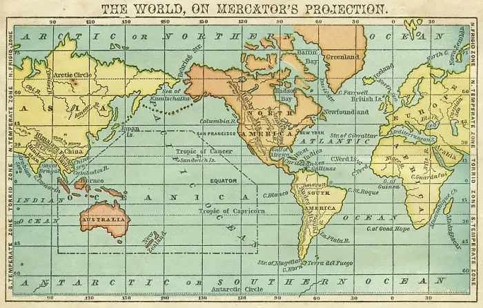 Framed Print : World in mercator's projection map 1876 Framed Print : World in mercator's projection map 1876