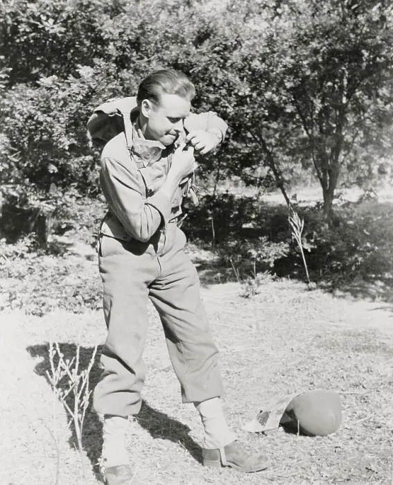 Framed Print : World War II Correspondent Carrying His Gear Through Forest Framed Print : World War II Correspondent Carrying His Gear Through Forest