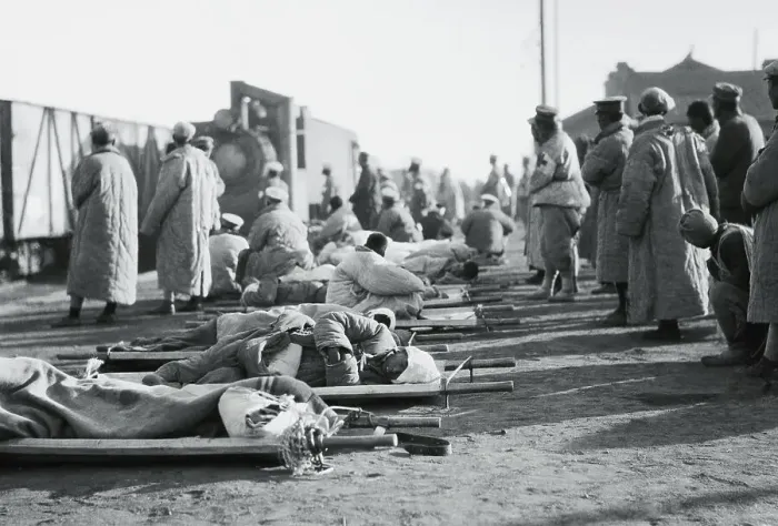 Framed Print : Wounded Soldiers Lying on Stretchers Framed Print : Wounded Soldiers Lying on Stretchers