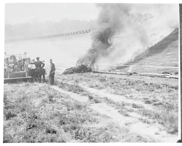 Framed Print : Wreckage of Ray Keech's Race Car Burning Framed Print : Wreckage of Ray Keech's Race Car Burning