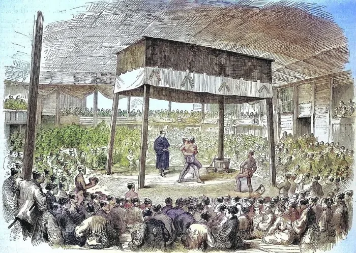 Framed Print : Wrestler at a competition in Osaka, 1868, Japan, Historic, digitally restored reproduction of an original 19th century print, exact original date unknown Framed Print : Wrestler at a competition in Osaka, 1868, Japan, Historic, digitally restored reproduction of an original 19th century print, exact original date unknown