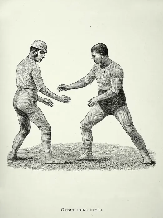 Framed Print : Two wrestlers, Wrestling move, catch hold style, Victorian combat sports, 19th Century