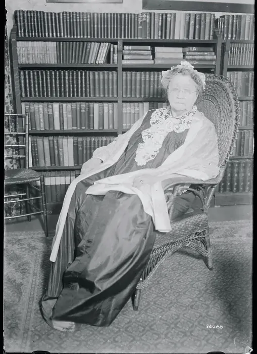 Framed Print : Writer Amelia E. Barr near Bookshelf Framed Print : Writer Amelia E. Barr near Bookshelf