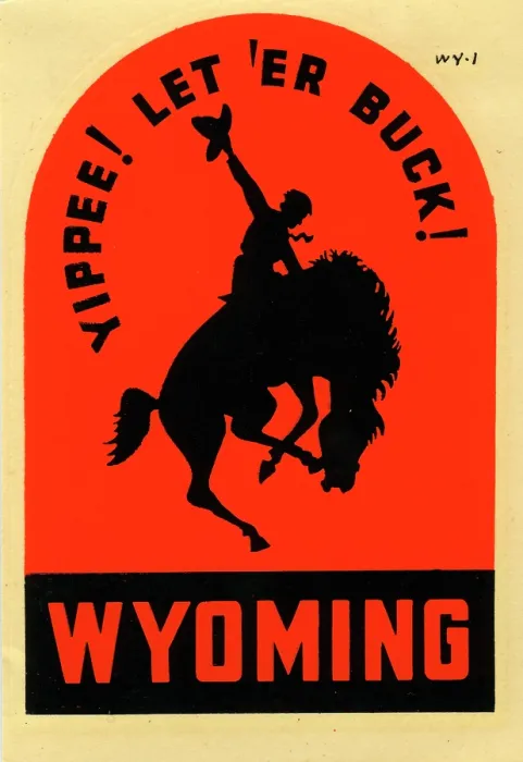 Framed Print : Wyoming. USA - 1954: A decal for Wyoming reads 'Yippee! Let Er Buck!' from 1954 in USA Framed Print : Wyoming. USA - 1954: A decal for Wyoming reads 'Yippee! Let Er Buck!' from 1954 in USA