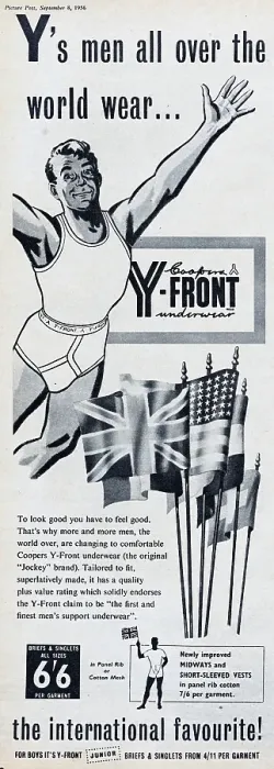 Framed Print : Y-Front. 1956: Advertisement for Coopers Y-Front men's briefs with the Framed Print : Y-Front. 1956: Advertisement for Coopers Y-Front men's briefs with the