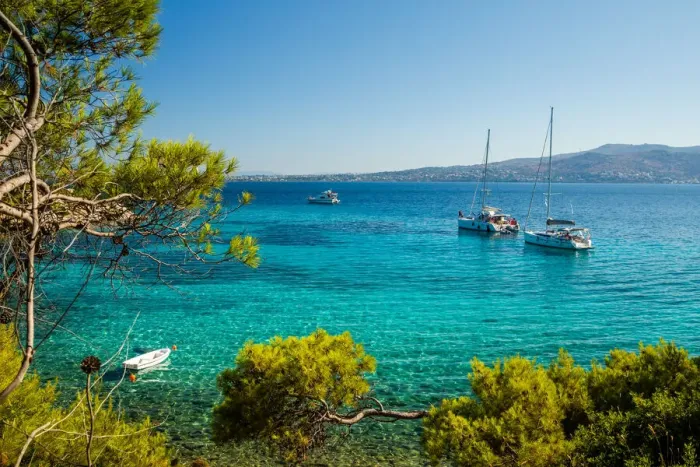 Framed Print : Yacht in the turquoise water near the island of Moni, Greece Framed Print : Yacht in the turquoise water near the island of Moni, Greece