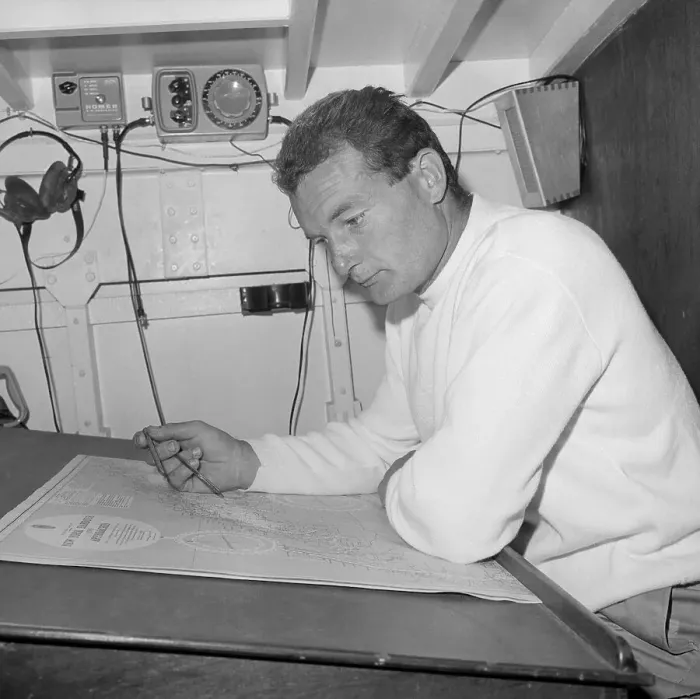 Framed Print : Yachtsman Eric Tabarly Studying Voyage Chart Framed Print : Yachtsman Eric Tabarly Studying Voyage Chart