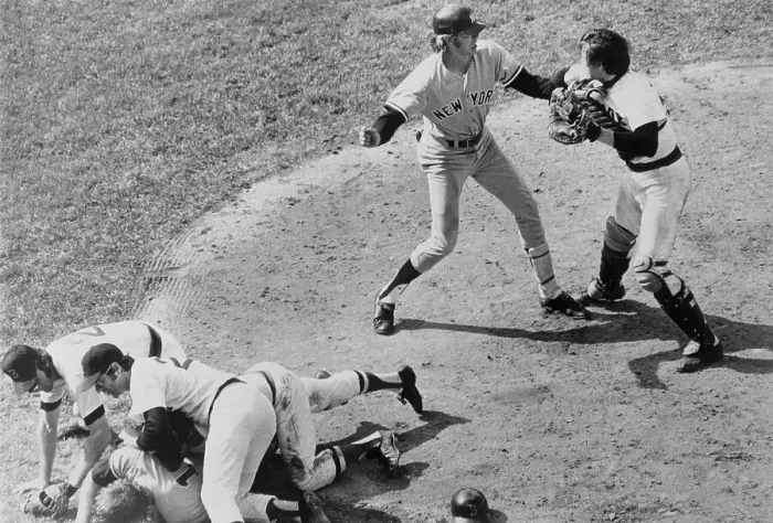 Framed Print : Yankee and Bosox Players Fighting over a Play Framed Print : Yankee and Bosox Players Fighting over a Play