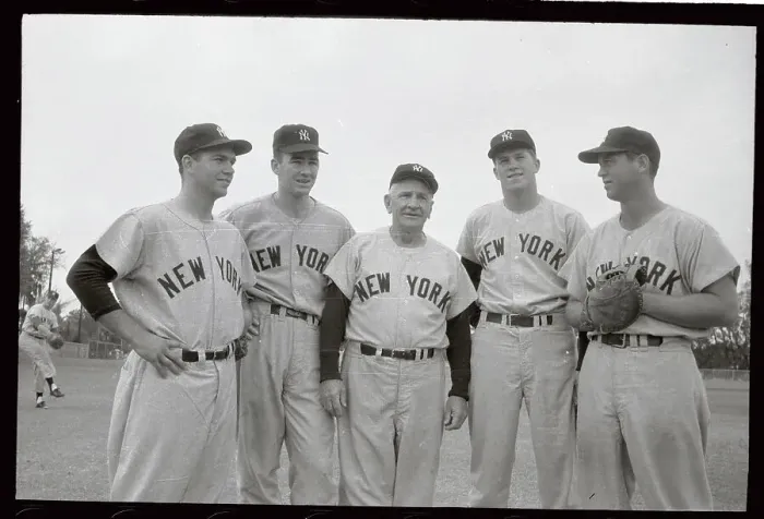Framed Print : Yankee Infielders Posing with Coach Framed Print : Yankee Infielders Posing with Coach
