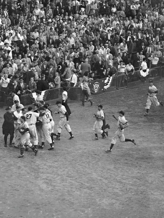 Framed Print : Yankee Pitcher Mobbed By Teammates Framed Print : Yankee Pitcher Mobbed By Teammates