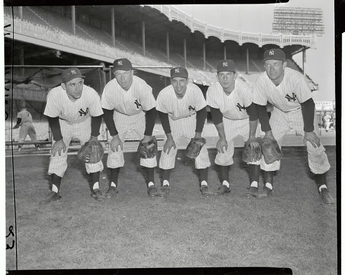 Framed Print : Yankee Players Posing in Catching Position Framed Print : Yankee Players Posing in Catching Position