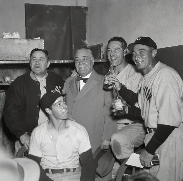 Framed Print : Yankee Stars Celebrating Series Victory with Manager and Owner Framed Print : Yankee Stars Celebrating Series Victory with Manager and Owner