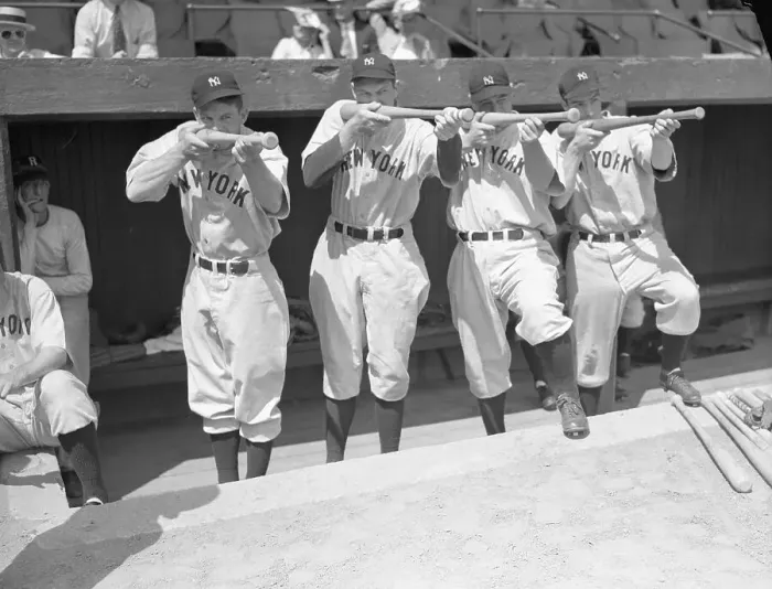 Framed Print : Yankees Aiming Their Bats as Guns from the Dugout Framed Print : Yankees Aiming Their Bats as Guns from the Dugout