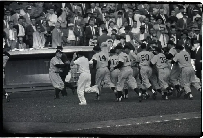 Framed Print : Yankees Running Into Dugout Framed Print : Yankees Running Into Dugout
