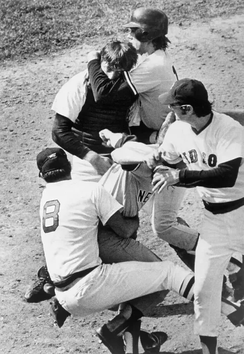 Framed Print : Yatrzemski Tackles Munson On Field Framed Print : Yatrzemski Tackles Munson On Field