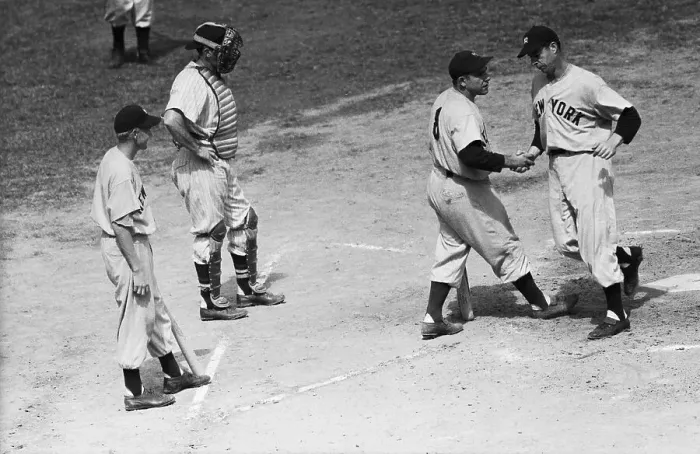 Framed Print : Y.Berra Shakes J.Dimaggio'S Hand;Homerun Framed Print : Y.Berra Shakes J.Dimaggio'S Hand;Homerun