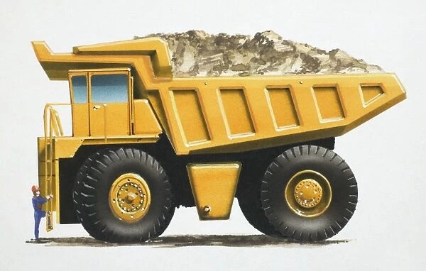 Yellow earth mover truck with man climbing side ladder, side view