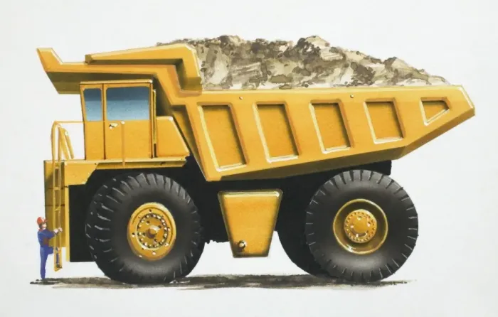 Framed Print : Yellow earth mover truck with man climbing side ladder, side view Framed Print : Yellow earth mover truck with man climbing side ladder, side view