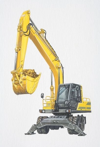 Yellow excavator picking up earth with its long arm