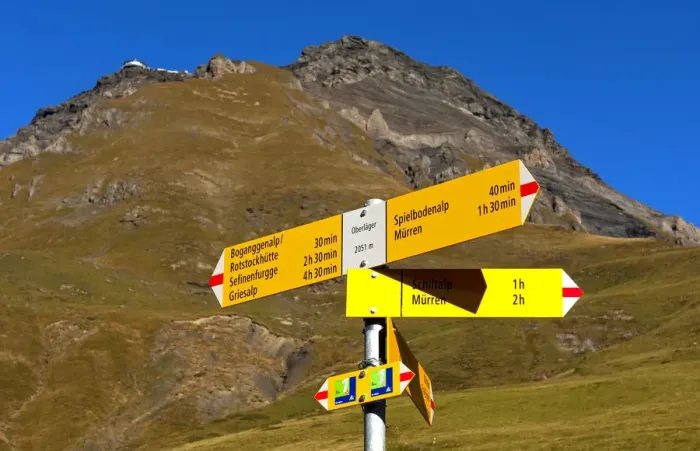 Framed Print : Yellow hiking signposts on an alpine pasture below Schilthorn Mountain in the Muerren hiking area, Bernese Oberland, Switzerland, Europe Framed Print : Yellow hiking signposts on an alpine pasture below Schilthorn Mountain in the Muerren hiking area, Bernese Oberland, Switzerland, Europe