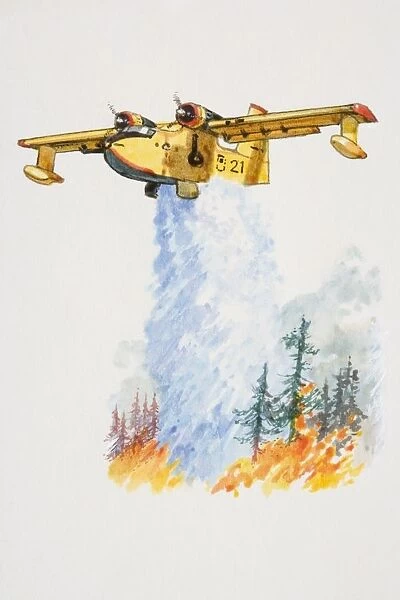 Yellow propeller plane dropping large amount of water on forest fire