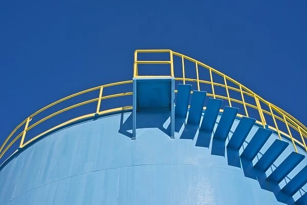 Yellow railings of a blue silo, Viaduct Harbour, Auckland, Auckland Region, New Zealand
