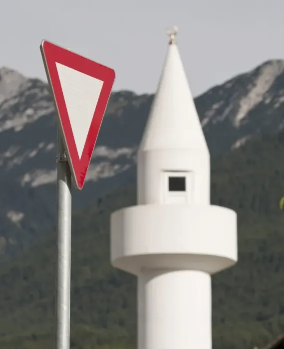 Framed Print : Yield-sign with minaret, controversial mosque in Telfs, Tyrol, Austria, Europe Framed Print : Yield-sign with minaret, controversial mosque in Telfs, Tyrol, Austria, Europe