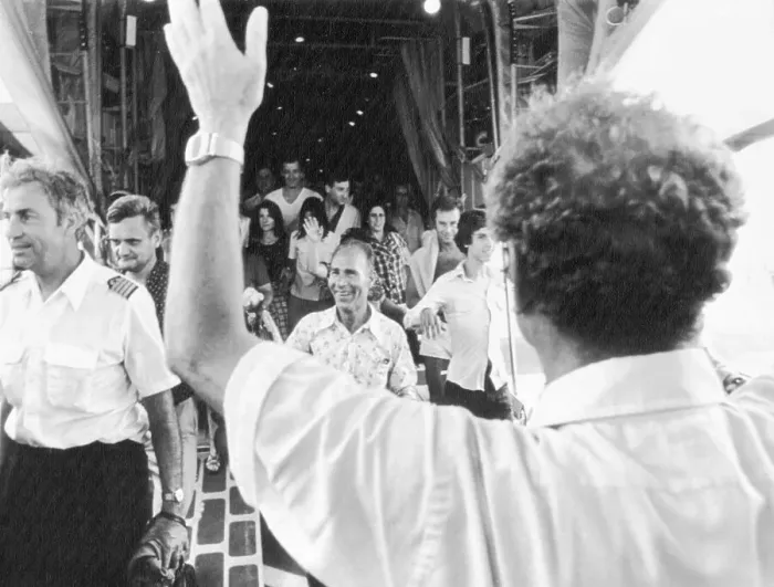 Framed Print : Yigal Allon Waving to Hostages Framed Print : Yigal Allon Waving to Hostages