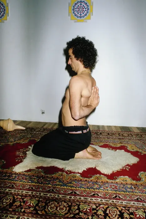 Framed Print : Yoga Folk. A shirtless man in black trousers, holding a yoga pose with Framed Print : Yoga Folk. A shirtless man in black trousers, holding a yoga pose with