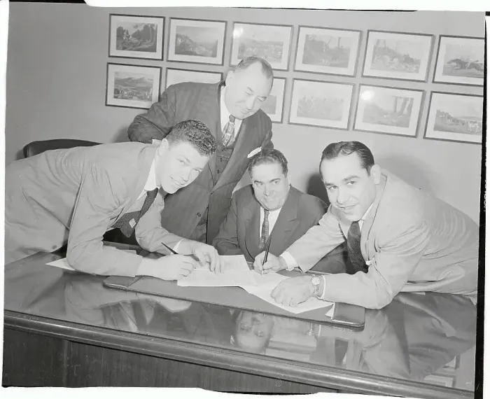 Framed Print : Yogi Berra and Gil McDougald Signing Contracts Framed Print : Yogi Berra and Gil McDougald Signing Contracts