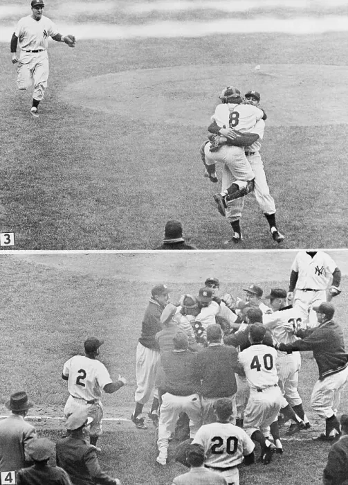 Framed Print : Yogi Berra Hugging Don Larsen After Perfect Game Framed Print : Yogi Berra Hugging Don Larsen After Perfect Game