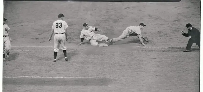 Framed Print : Yogi Berra Tagged Out at First Base Framed Print : Yogi Berra Tagged Out at First Base