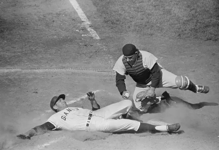 Framed Print : Yogi Berra Tagging Out Runner