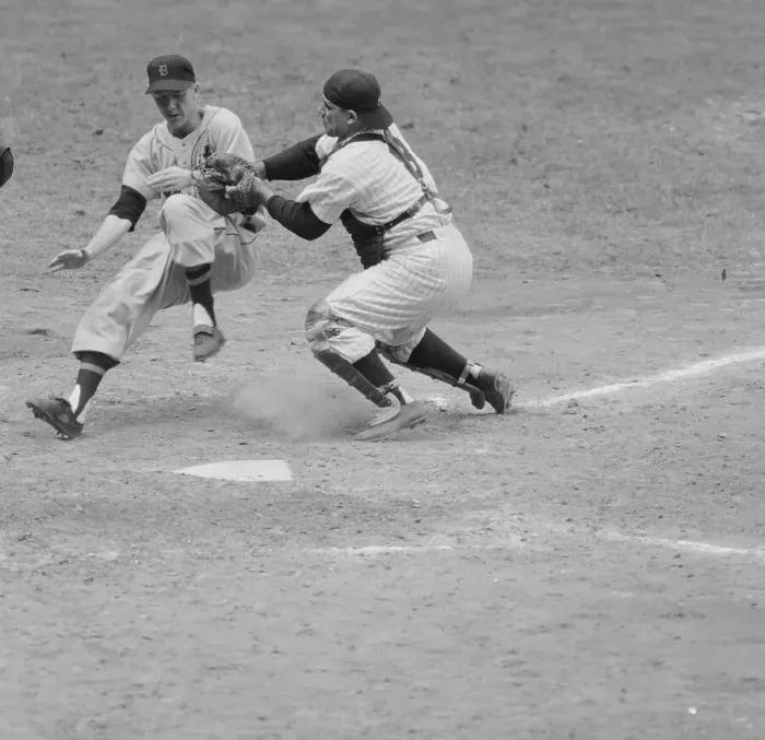 Framed Print : Yogi Berra Tagging Runner Framed Print : Yogi Berra Tagging Runner
