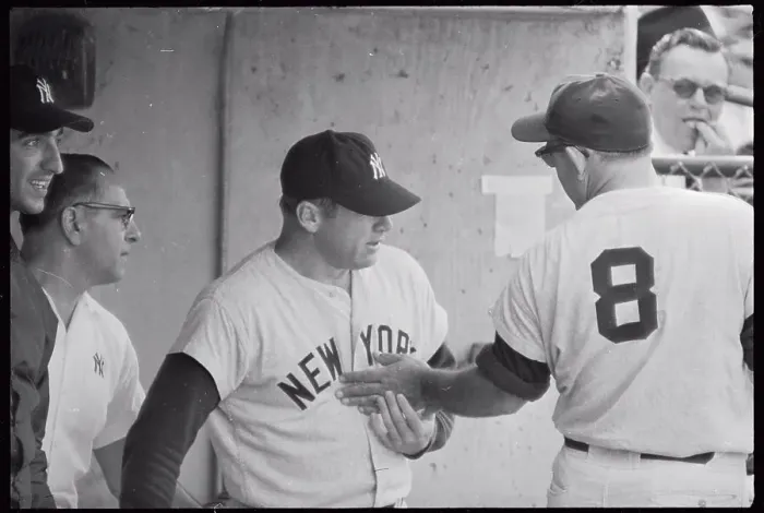 Framed Print : Yogi Berra Touching Mickey Mantle in approval Framed Print : Yogi Berra Touching Mickey Mantle in approval