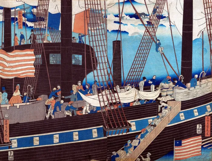 Framed Print : Yokohama Westerners landing cargo