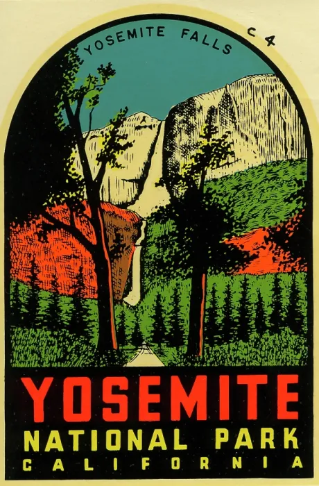 Framed Print : Yosemite. USA - 1955: A decal for the Yosemite Falls in Yosemite National Park, California Framed Print : Yosemite. USA - 1955: A decal for the Yosemite Falls in Yosemite National Park, California