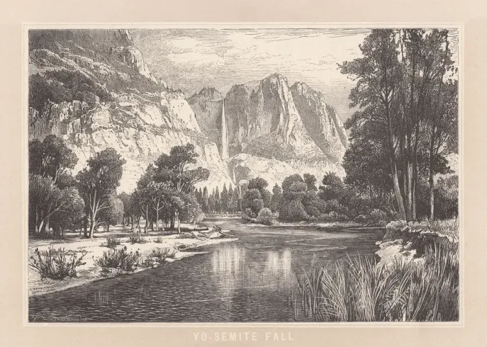 Framed Print : Yosemite Fall, Sierra Nevada, California, USA, wood engraving, published 1889 Framed Print : Yosemite Fall, Sierra Nevada, California, USA, wood engraving, published 1889
