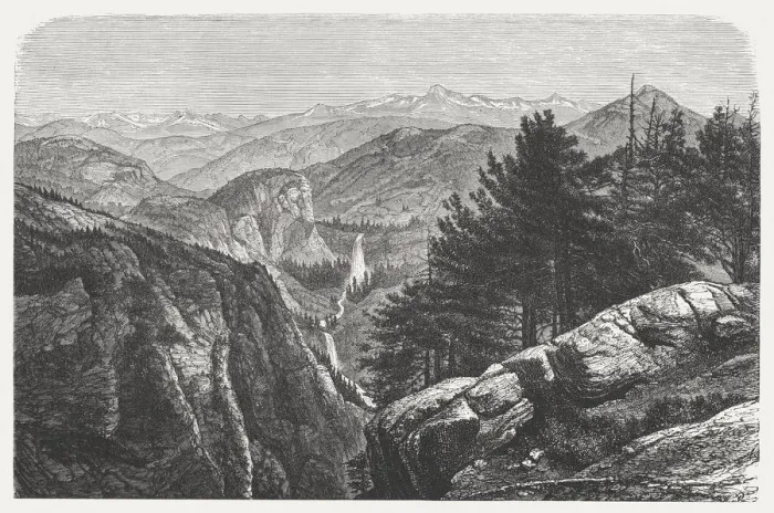 Framed Print : Yosemite National Park, USA, wood engraving, published in 1872 Framed Print : Yosemite National Park, USA, wood engraving, published in 1872
