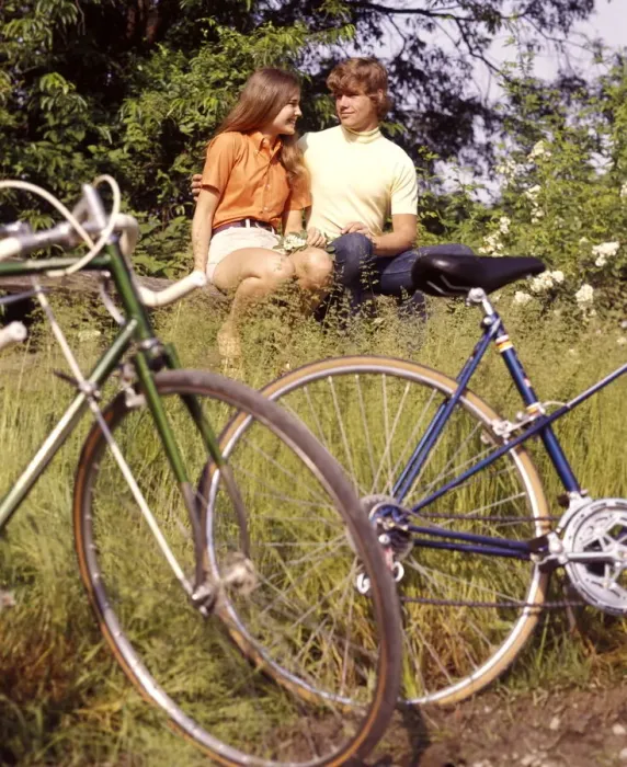 Framed Print : Young Adults Teenagers Field Date Bikes Bicycles Flowers (1970 1970s Retro) Framed Print : Young Adults Teenagers Field Date Bikes Bicycles Flowers (1970 1970s Retro)